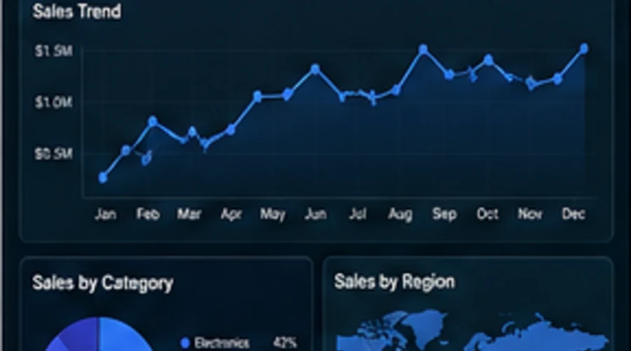 Sample sales performance dashboard with KPI cards, trend chart and regional analysis